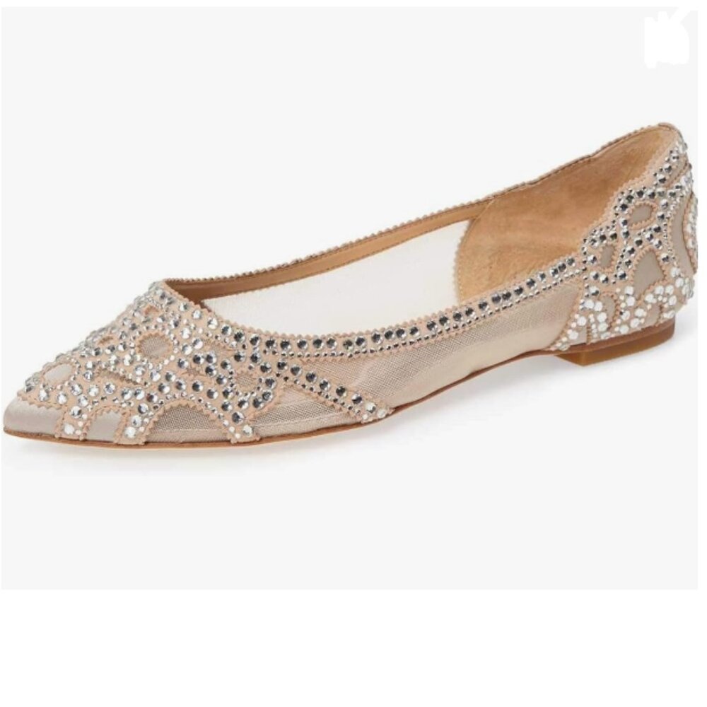 XYD Crystal Embellished Nude Mesh Pointed Toe Flats